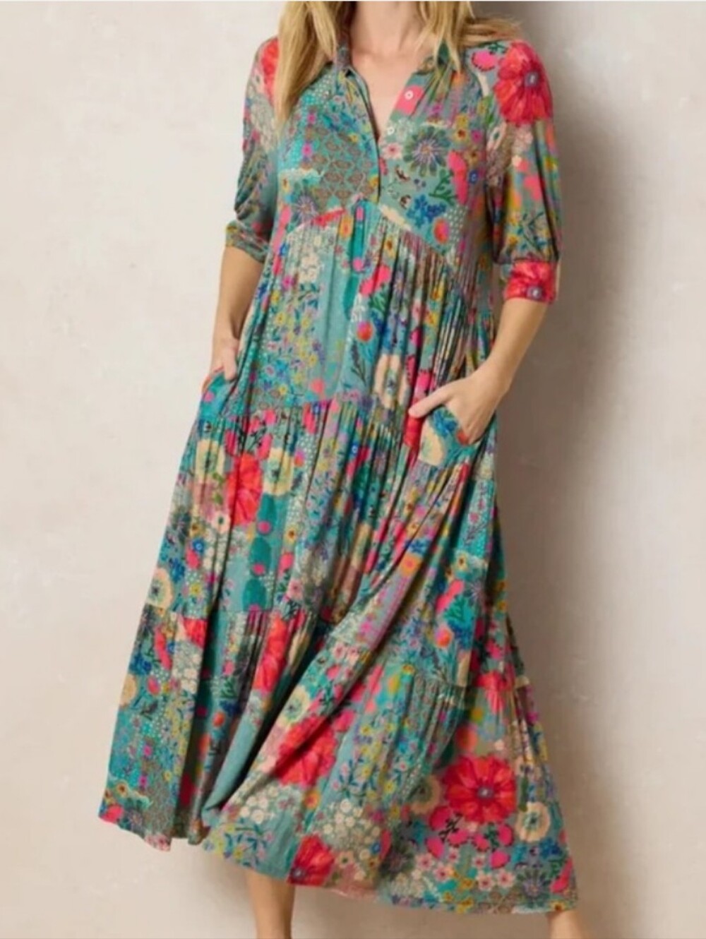 NWT Natural Life Rebecca ButterSoft Tiered Midi Dress Blue Garden Patchwork XXL